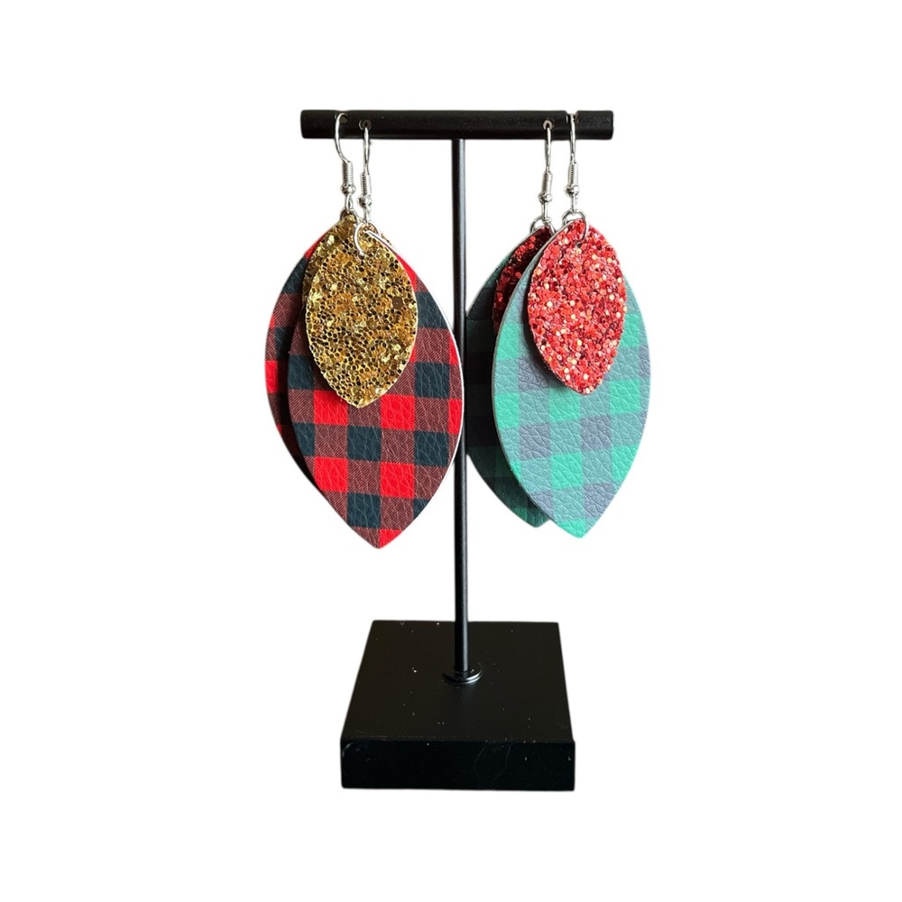 Glitter and Buffalo Plaid Festive Earrings